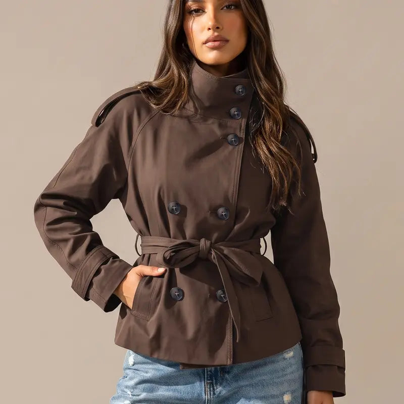 Katch Me Chic Women's Versatile Stand Collar Button-Up Trench Coat with Detachable Waist Belt - Stylish Windproof Outerwear for Autumn and Winter